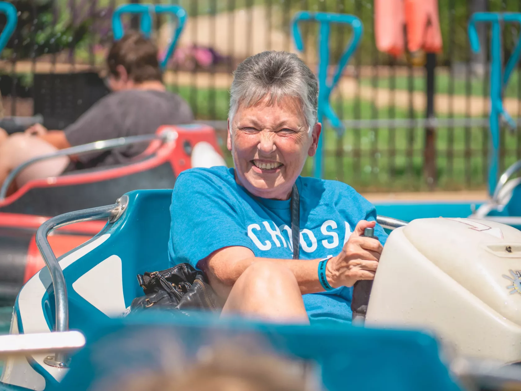 Listener in Summer, Swing Around Fun Town, with Choose JOY shirt on